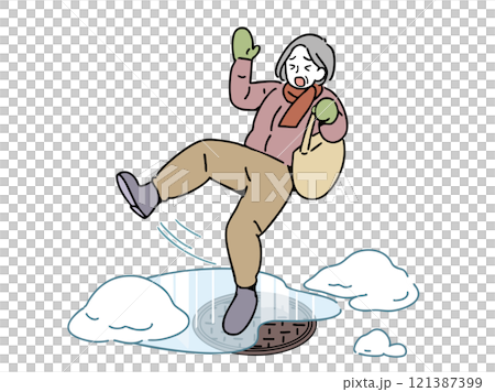 凍結した路面で転ぶおばあちゃん_マンホール 121387399