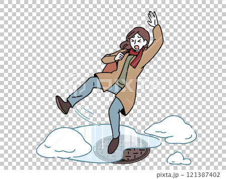 Woman falls on frozen road_manhole Woman falls on frozen road_manhole 121387402