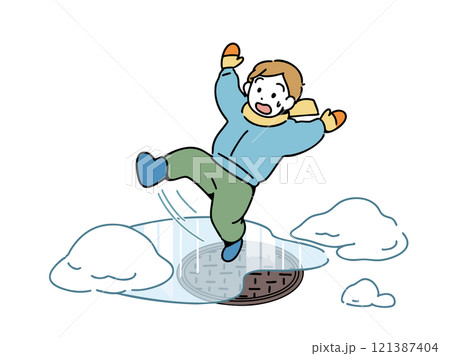 凍結した路面で転ぶ男の子_マンホール 121387404