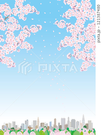 桜咲く春の街並みのイラスト. 桜咲く春の街並みのイラスト. 121387480