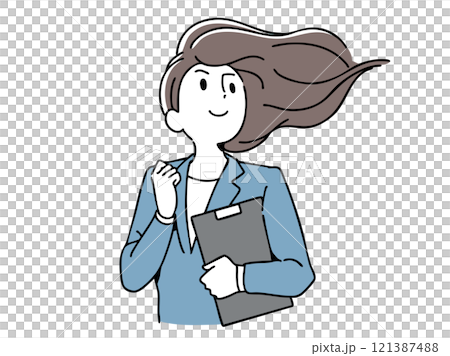 そよ風に吹かれながら未来を見据えるスーツの女性 121387488