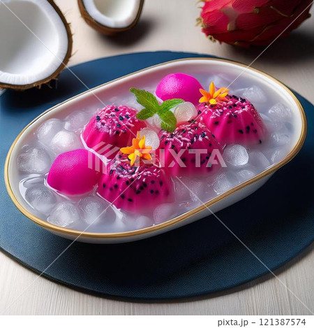 x美味しそうなドラゴンフルーツとココナッツのオーシャンゼリー 121387574