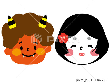かわいい赤鬼とおたふく(おかめ)のベクターイラストセット かわいい赤鬼とおたふく(おかめ)のベクターイラストセット 121387726