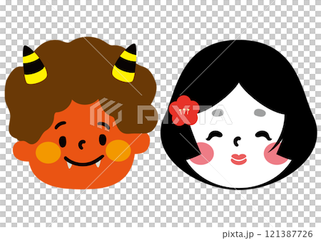 かわいい赤鬼とおたふく(おかめ)のベクターイラストセット かわいい赤鬼とおたふく(おかめ)のベクターイラストセット 121387726