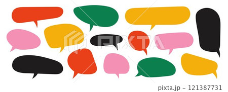 Colorful speech bubble set. Empty comic text box collection. Cartoon chat message balloon pack for poster, label, tag, banner, badge, sticker, logo. Pop art doodle frame or border bundle. Vector 121387731