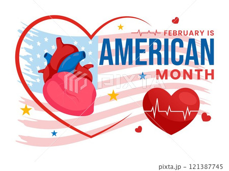 February is American Heart Month Vector Illustration Featuring a USA Flag and Red Heart Symbol for Health Awareness in a Flat Style Cartoon Background 121387745