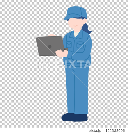 Flat illustration of a woman in work clothes looking at a laptop computer in her hands 121388006