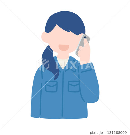 スマートフォンで通話をしている作業服を着た女性のフラットなイラスト スマートフォンで通話をしている作業服を着た女性のフラットなイラスト 121388009