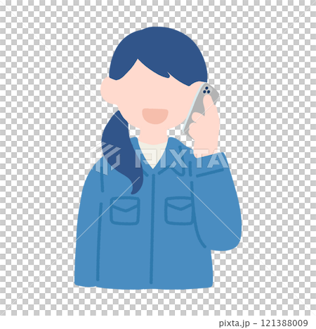 スマートフォンで通話をしている作業服を着た女性のフラットなイラスト スマートフォンで通話をしている作業服を着た女性のフラットなイラスト 121388009
