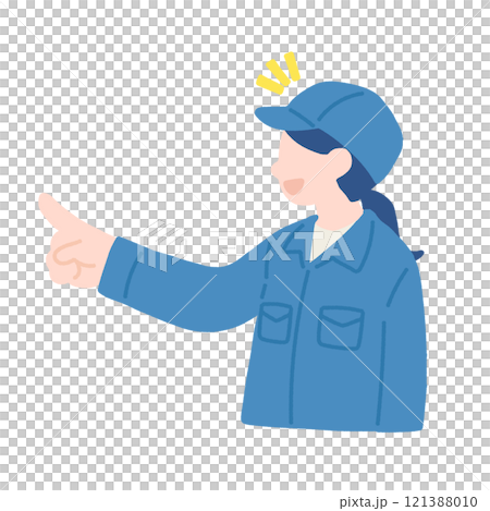 A flat illustration of a woman in work clothes pointing to the side A flat illustration of a woman in work clothes pointing to the side 121388010