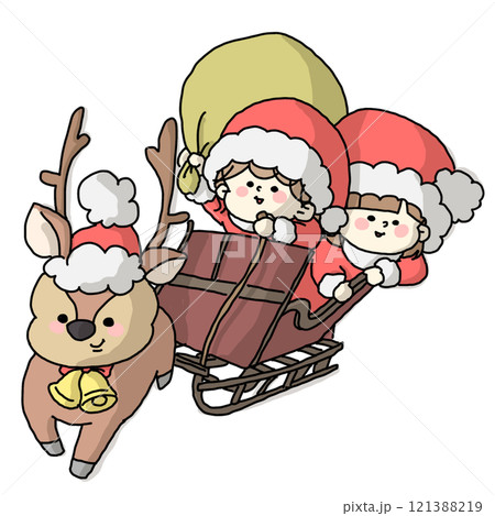 トナカイの引くソリに乗ったサンタの格好をした子どもたちカラー
