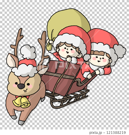 彩色版本的孩子們打扮成聖誕老人，乘坐馴鹿拉的雪橇 121388219