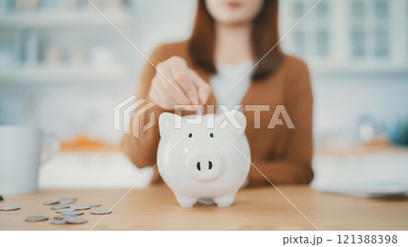 Young Asian woman putting coin in piggy bank. Save money and financial investment 121388398