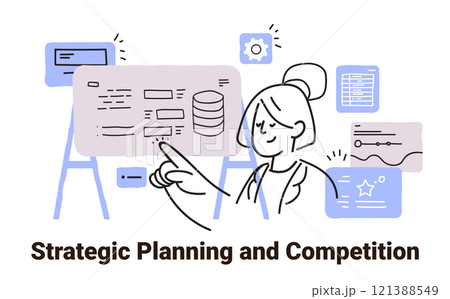 Strategic planning concept woman pointing at data charts and diagrams on screens minimalist sketch style business analysis 121388549