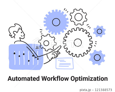 Automated workflow optimization concept with gears person interacting with controls blue accents minimalist design 121388573