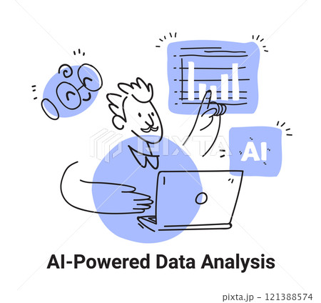 AI-powered data analysis concept with person analyzing graphs on laptop hand drawn style blue accents digital chart 121388574