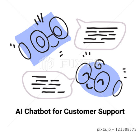 AI chatbot customer support concept with smiling faces and speech bubbles in blue and white minimalist doodle style 121388575