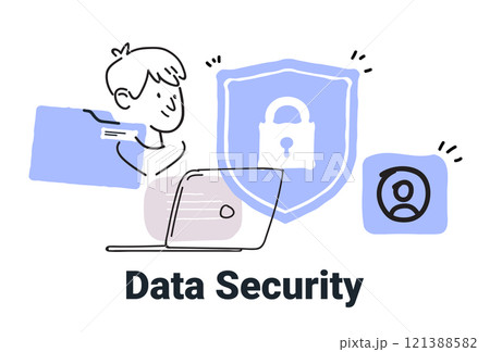Data security concept laptop shield lock person file minimalist doodle style 121388582