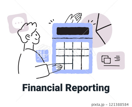 Financial reporting concept with person calculator charts data analysis minimalist hand drawn style 121388584