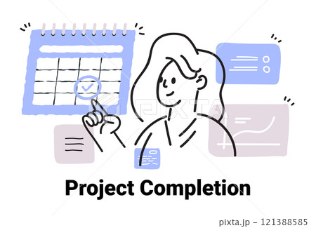 Project completion concept with person pointing at calendar surrounded by charts and graphs in a minimalist sketch style 121388585