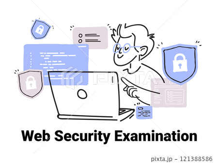 Web security examination concept person analyzing laptop locks code minimalist sketch 121388586