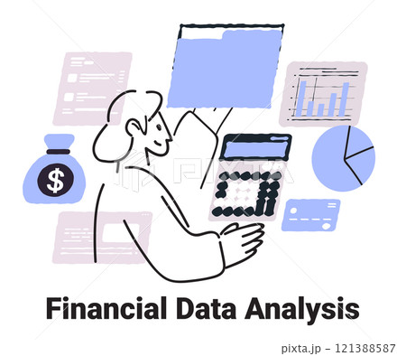 Financial data analysis concept with charts calculator money bag and person analyzing reports in minimalist hand drawn style for website or app template 121388587