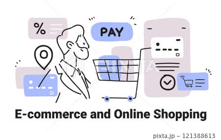 E-commerce online shopping concept with cart payment icons and person in minimalist doodle style suitable for web design template E-commerce online shopping concept with cart payment icons and person in minimalist doodle style suitable for web design template 121388613