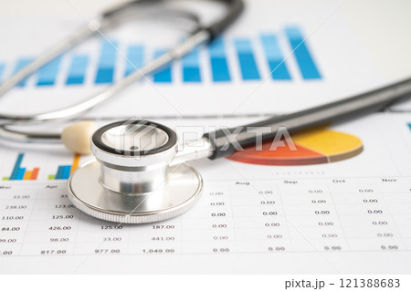 Stethoscope and US dollar banknotes on chart or graph paper, Financial, account, statistics and business data  medical health concept. 121388683