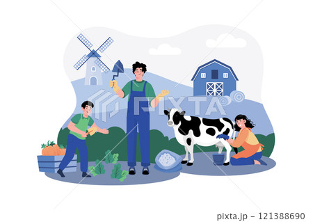 A group of tourists visits a local farm for a morning tour and hands-on activities. 121388690