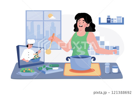 A woman attends a morning cooking class to learn new recipes and techniques. A woman attends a morning cooking class to learn new recipes and techniques. 121388692