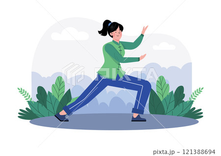 A woman practices tai chi in a serene garden for health and relaxation. A woman practices tai chi in a serene garden for health and relaxation. 121388694