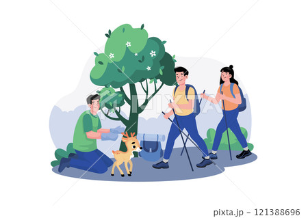 A group of tourists goes on a guided nature walk to learn about the local flora and fauna. 121388696