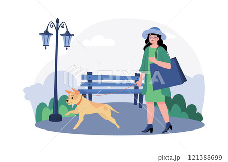 A woman takes her dog for a morning walk in the neigh borhood park. 121388699