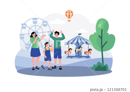 A family visits a nearby amusement park for a fun-filled morning of rides and attractions. A family visits a nearby amusement park for a fun-filled morning of rides and attractions. 121388701