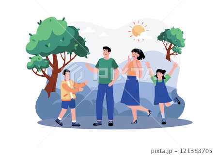 A family goes for a morning hike in the mountains. 121388705