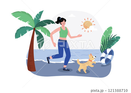A jogger runs along the beach to start the day with a refreshing activity. A jogger runs along the beach to start the day with a refreshing activity. 121388710