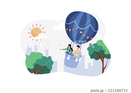 A group of tourists embarks on a sunrise hot air balloon ride for a memorable experience. 121388715