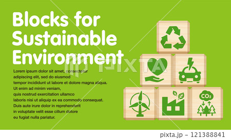 サステナブルなイメージの積木・ブロックを使った背景イラスト　16:9　木目　緑背景　文字あり 121388841