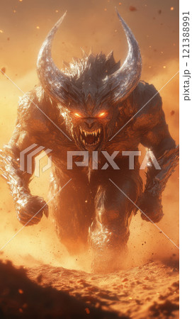 fierce demon with crystalline horns and glowing eyes 121388991
