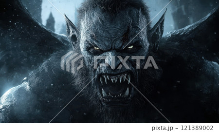 fierce demon with bat like wings and sharp fangs 121389002