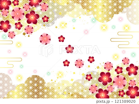 麻の葉模様雲に対角紅梅の春和背景、かわいい、イラスト、横、金色 麻の葉模様雲に対角紅梅の春和背景、かわいい、イラスト、横、金色 121389020