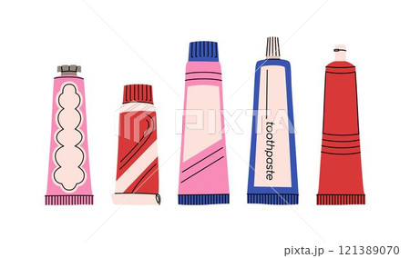 Toothpaste set. Set of oral hygiene products. Different tubes of toothpaste. Teeth cleaning products. Colorful vector collection 121389070