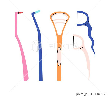 Set of oral hygiene products in a flat style. Different toothbrushes, mono beam brush, tongue scraper, dental floss. 121389072