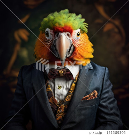 the AI Image Generator, Parrot Combining Business Attire with Vibrant Creativity 121389303