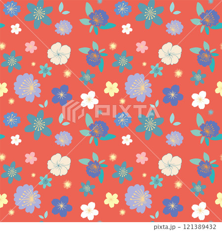 Colorful Floral Pattern on Red 121389432