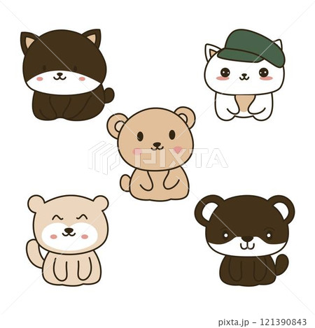 Set of Cheerful Cute Cat Kitten Bear Animal Mascot Cartoon Character 121390843