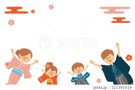 正月　七五三　日本の着物を着た家族のイラスト 121391019