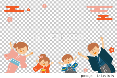 正月　七五三　日本の着物を着た家族のイラスト 121391019