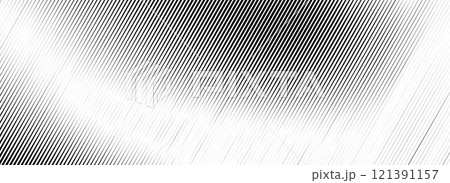 Vanishing linear gradient texture. Black diagonal stripe gradation background. Thin to thick fade slanted pattern backdrop. Vector oblique parallel stroke wallpaper for overlay, print, cover, banner 121391157