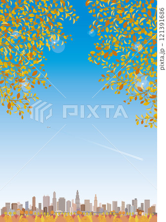 秋の紅葉の街並みイラスト. 秋の紅葉の街並みイラスト. 121391686